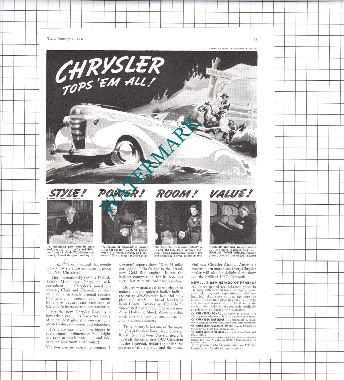 Lady Mendl Tony Sarg Irene Hayes Chrysler Car Advert - 1937 Clipping / Print