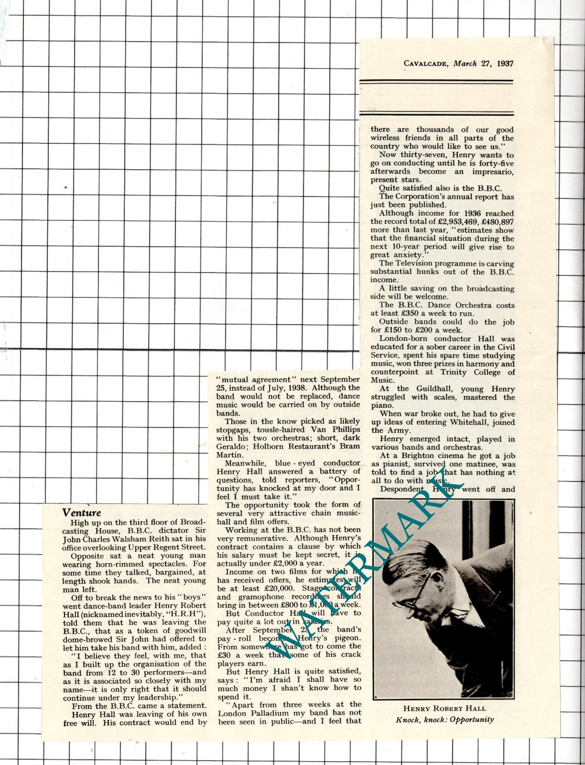 Henry Hall Bandsman Henry Robert Hall Article  - 1937  Three-Part Clipping