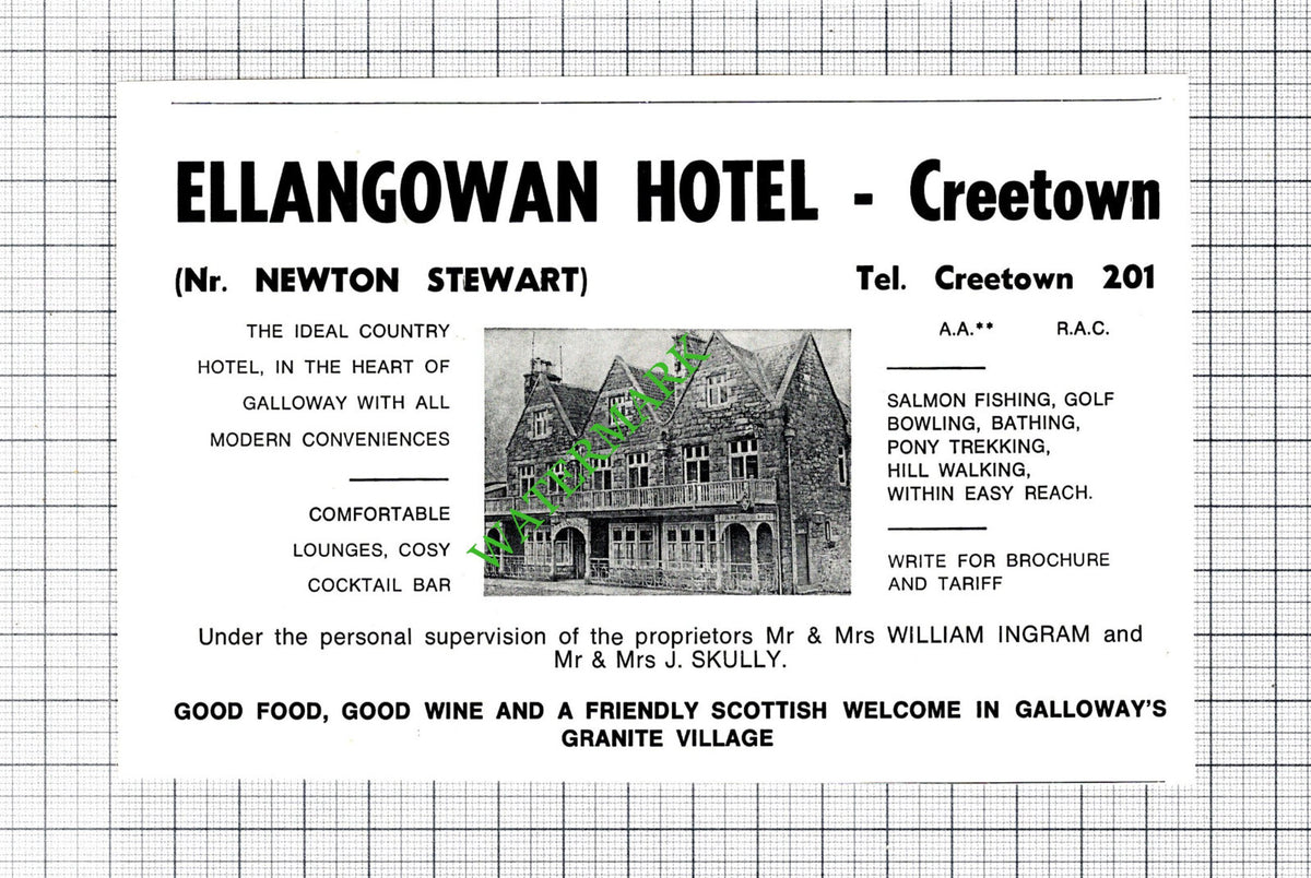 Ellangowan Hotel Creetown William Ingram Skully Small Advert - c.1975 Cutting