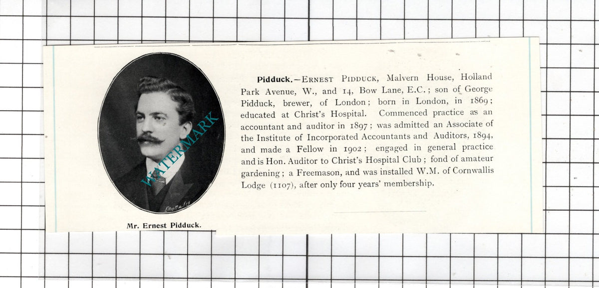 Mr Ernest Pidduck Malvern House Holland Park Avenue London   - c.1905 Clipping
