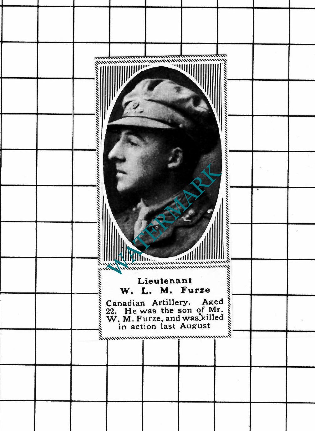Lt W L M Furze Canadian Artillery WW1 - c.1918 SMALL Clipping