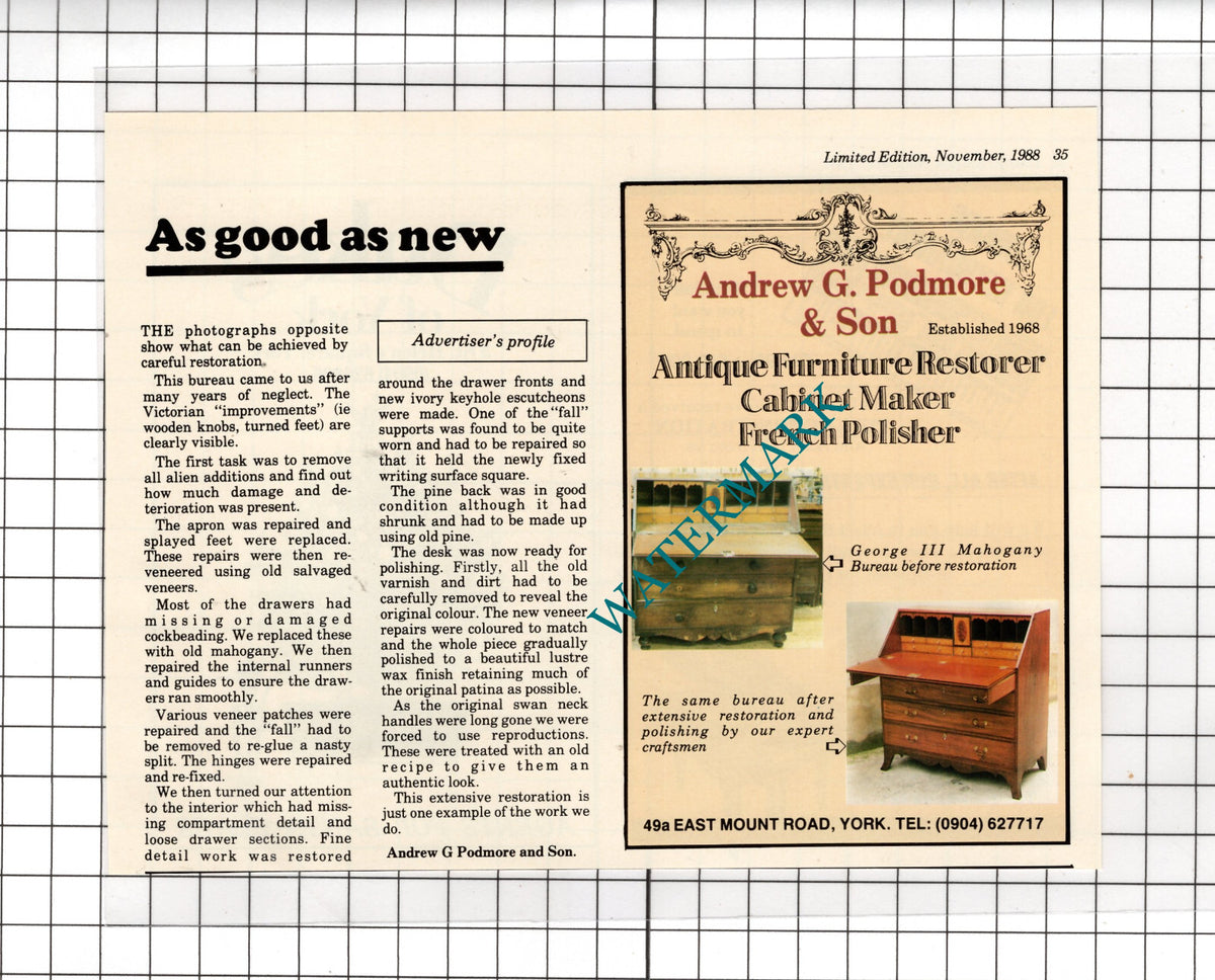 Andrew G Podmore & Son Furniture Restorer York  - 1988 Advert