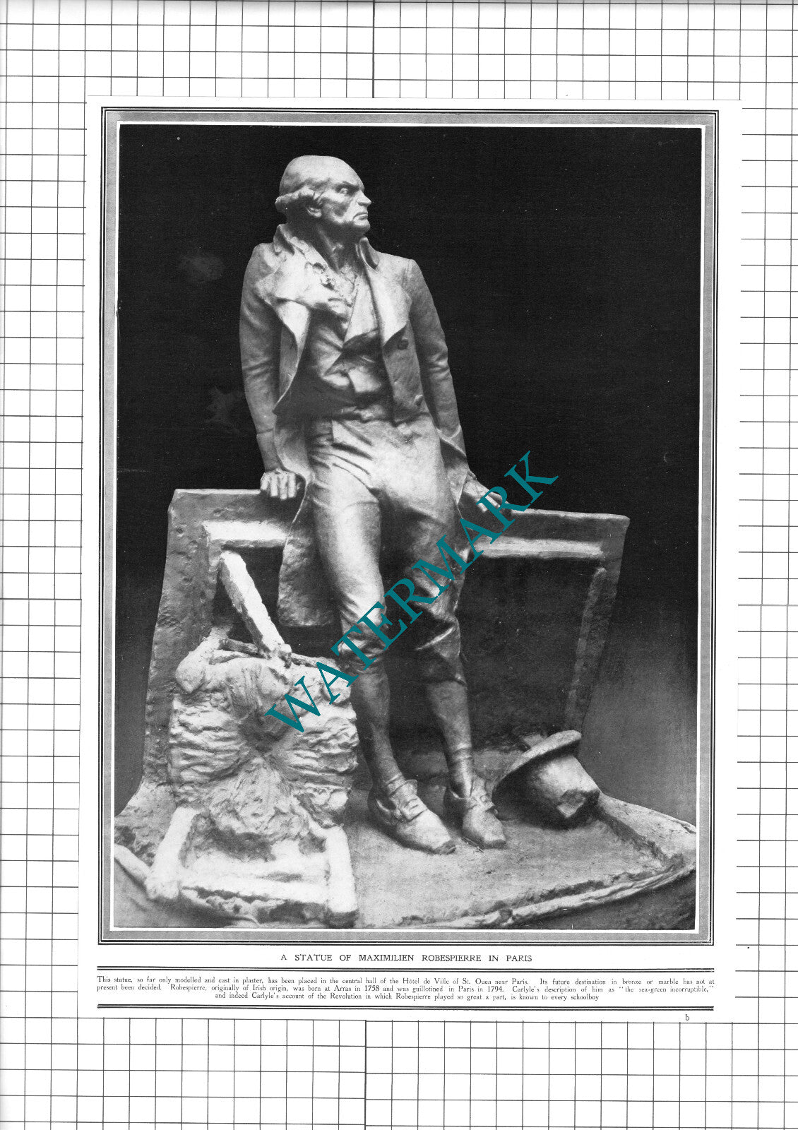 Maximilien Robespierre Hotel de Ville St Ouen Paris Statue - 1914  Page / Print