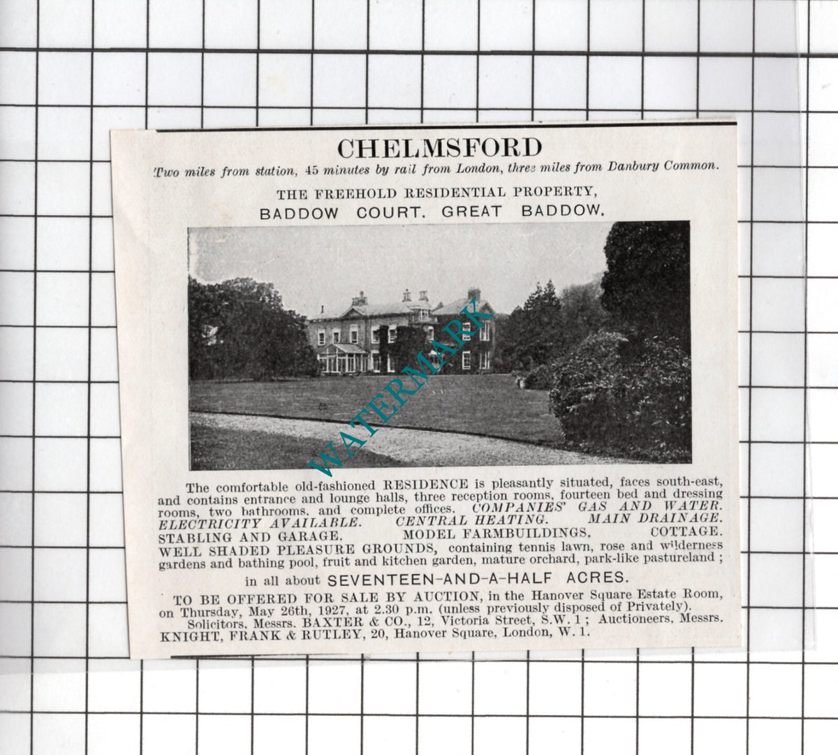 Baddow Court Great Baddow Essex - 1927 Small House Sale Advert
