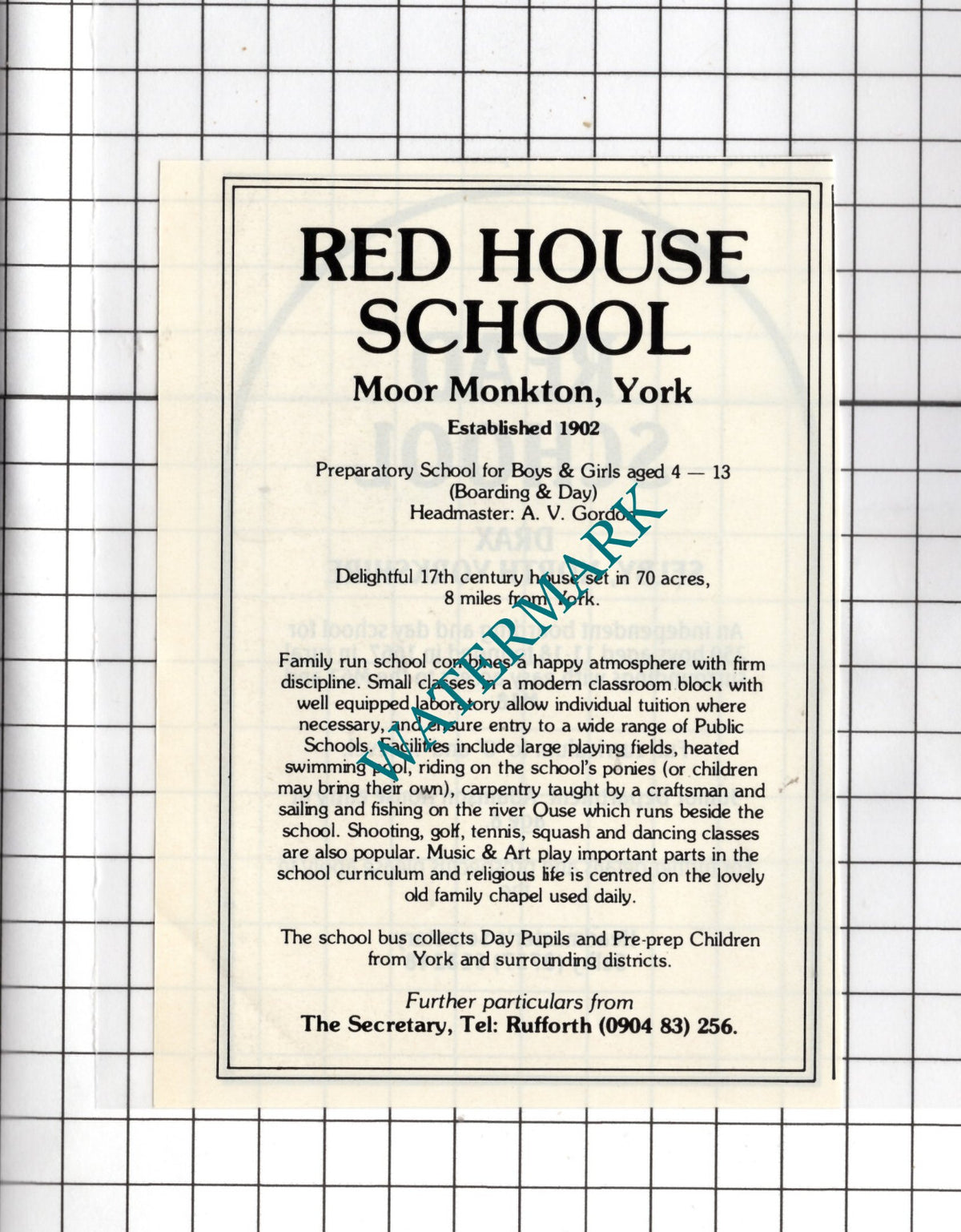 Red House School Moor Monkton York  A V Gordon - 1985 Small Advert
