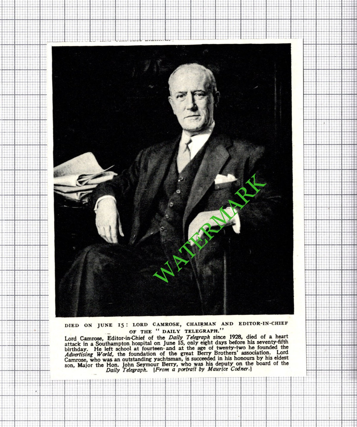 Lord Camrose Daily Telegraph Editor In Chief Obituary  -1954 Cutting