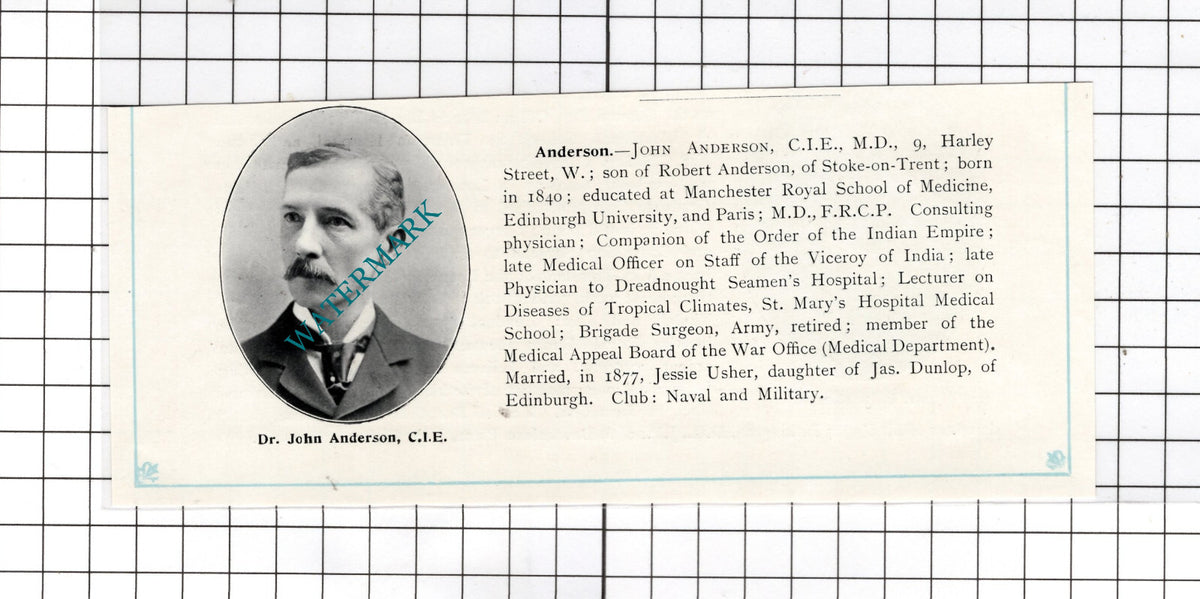 Dr John Anderson 9 Harley Street London Physician - c.1910 Cutting
