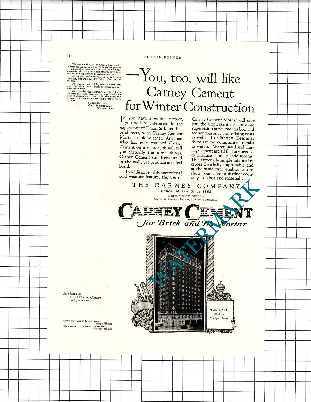 Eastgate Hotel Chicago Illinois Samuel S Oman Carney Cement - 1926 Advert