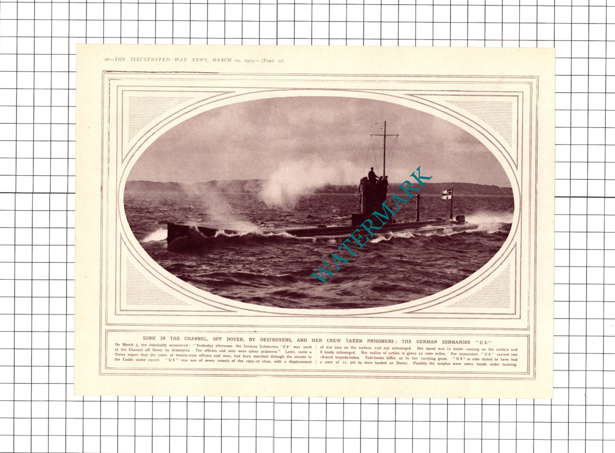 German Submarine U8 Dover Great War WW1  - 1915 Clipping / Print