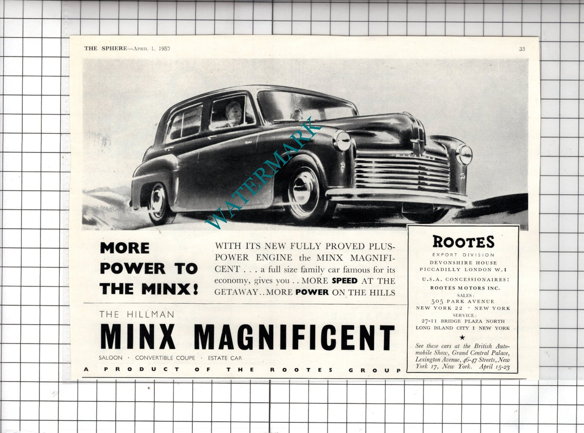 Hillman Minx Magnificent Car Advert  -1950 Clipping