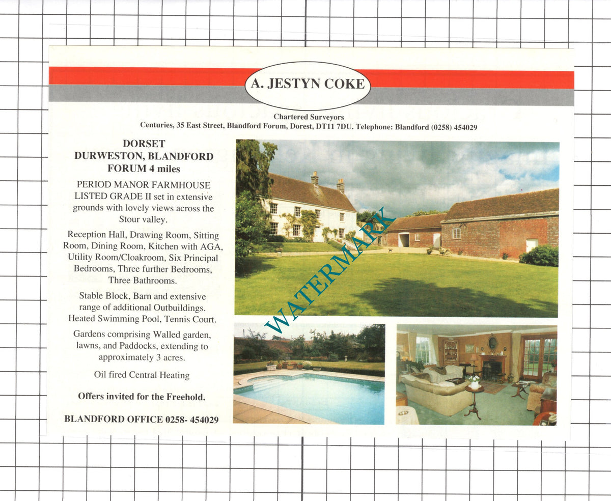 Durweston Dorset Manor House Sale Advert - 1991 Clipping  / Print
