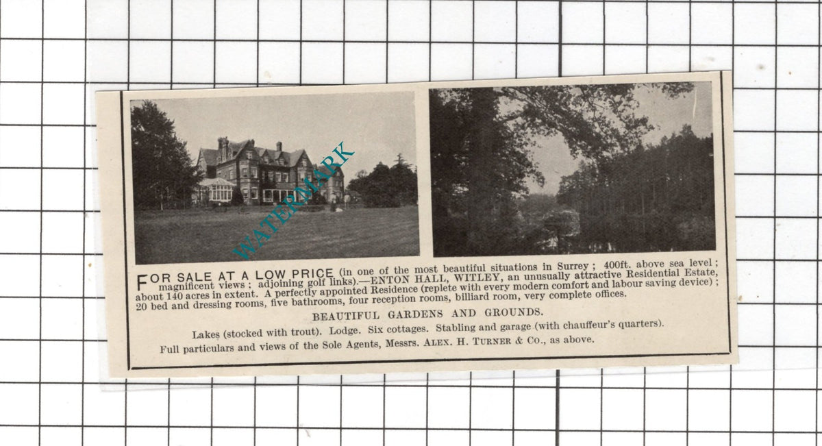 Enton Hall Witley Surrey  - 1916 SMALL House Advert