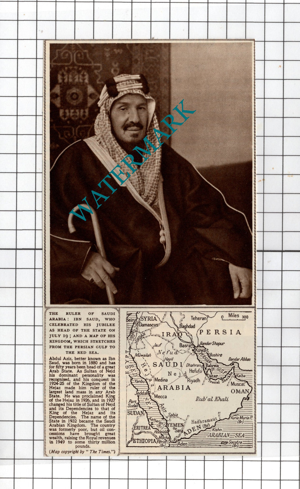 Ibn Saud Abdul Aziz Saudia Arabia Ruler - 1950  Cutting