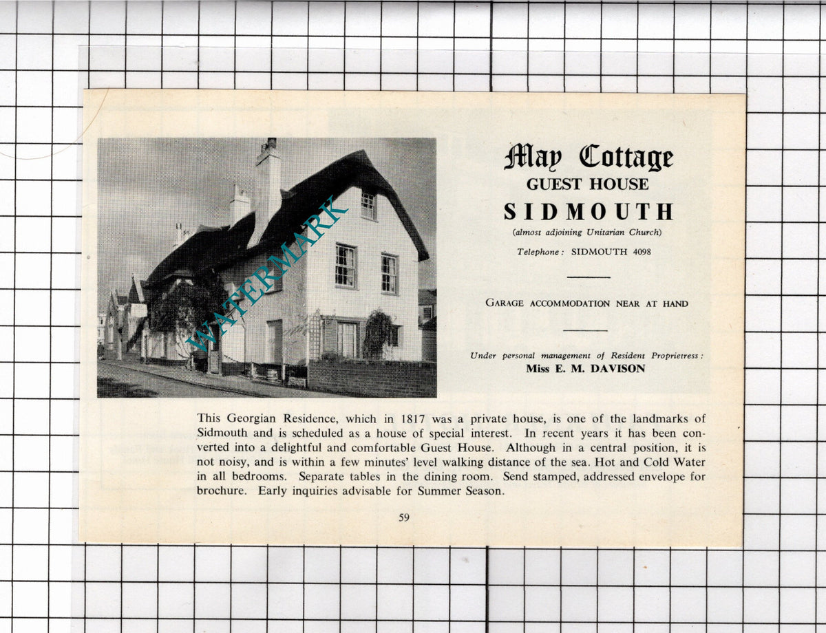 May Cottage Sidmouth Devon Davison  / Faulkner Hotel Mrs F D Hook - 1968 ADVERT