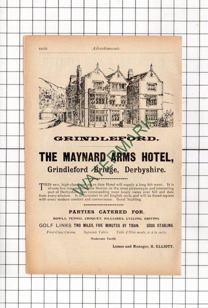 The Maynard Arms Hotel Grindleford Bridge / W Foster Sheffield 1902 Small Advert
