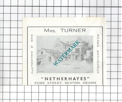 Netherhayes Seaton Devon Turner / The Haven Seaton Devon- c.1954 Small Advert