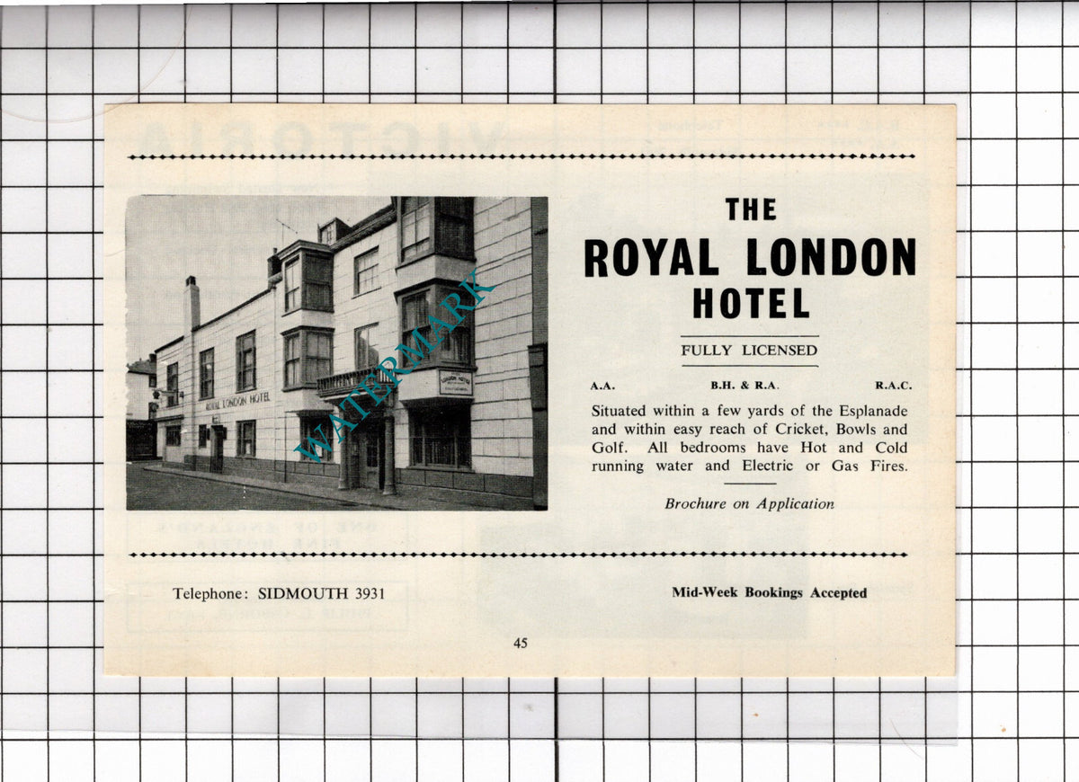 Victoria Hotel Sidmouth Devon Philip Osborne / Royal London Hotel - 1968 ADVERT