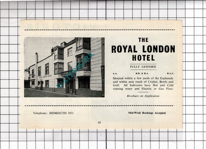 Victoria Hotel Sidmouth Devon Philip Osborne / Royal London Hotel - 1968 ADVERT