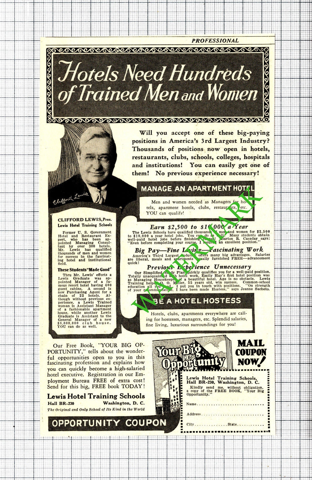 Clifford Lewis Hotel Training Schools Washington USA Advert - 1929 Cutting