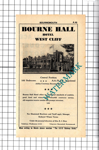 Bourne Hall Hotel Bournemouth / Palace Court Hotel Dagg Advert - 1958 Cutting