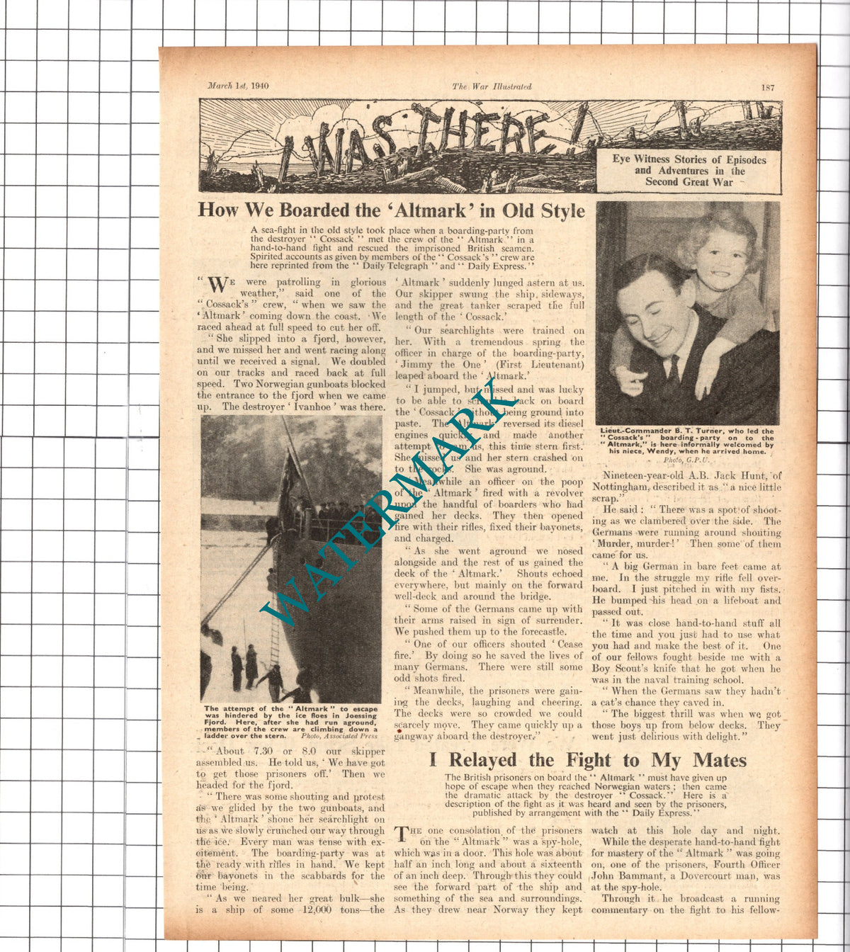 ALTMARK  COSSACK Ship Lt Com B T Turner World War Two WW2 -  1940 Article