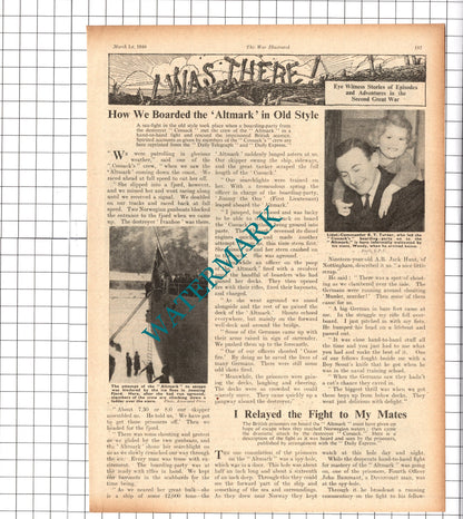 ALTMARK  COSSACK Ship Lt Com B T Turner World War Two WW2 -  1940 Article