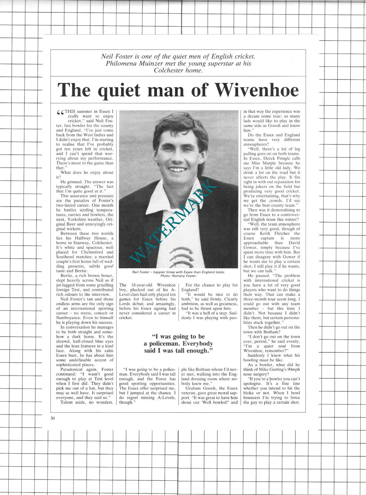 Neil Foster Cricket Colchester Essex  - 1986 Article