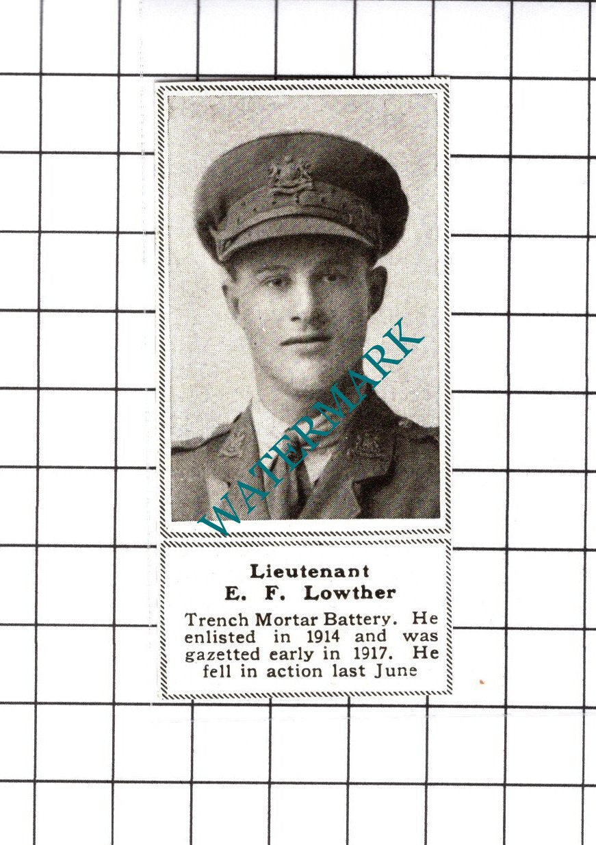 Lt E F Lowther Trench Mortar Battery Great War WW1  - 1919 SMALL Cutting