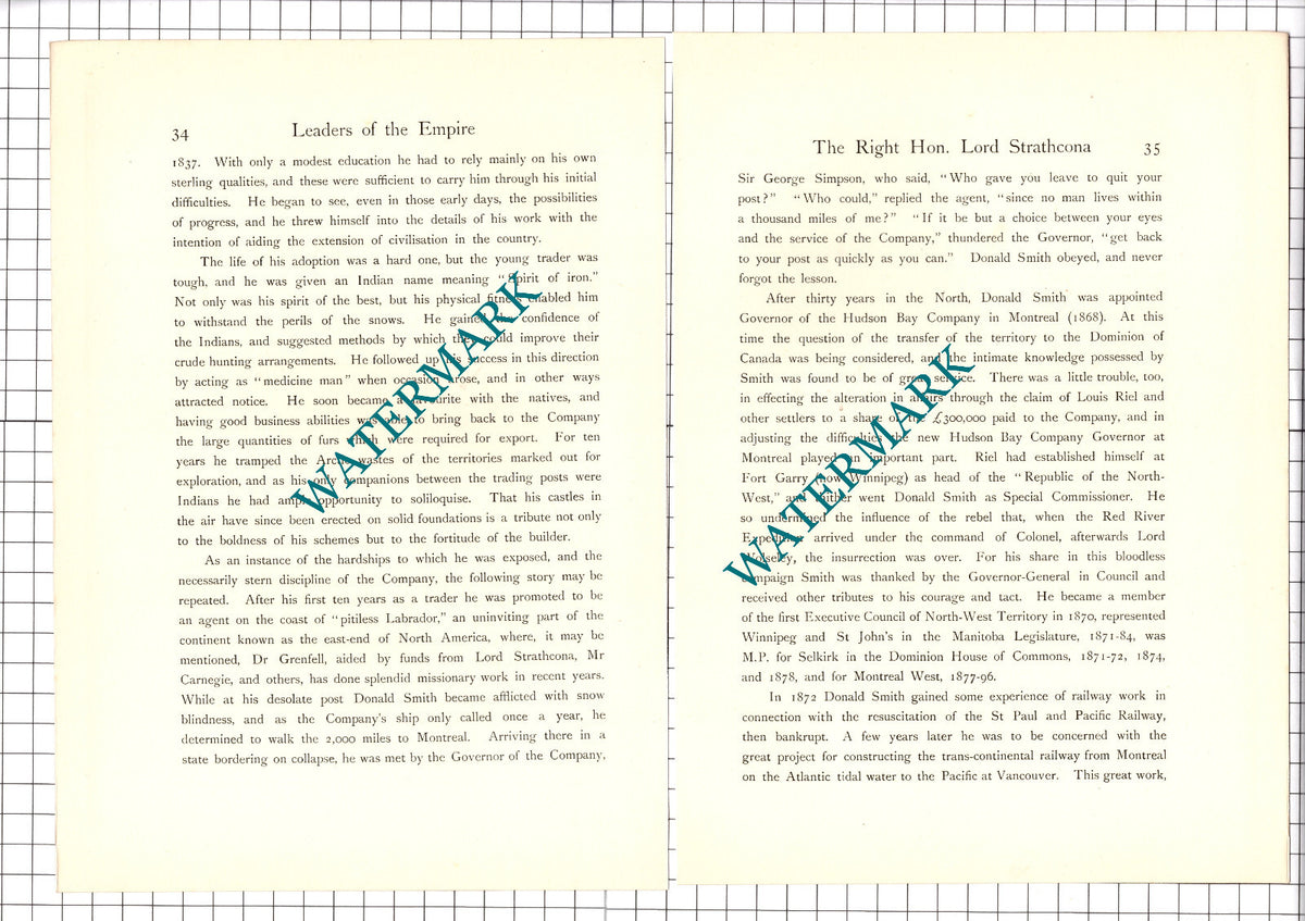 The Right Hon Lord Strathcona -  1920's Article / Print
