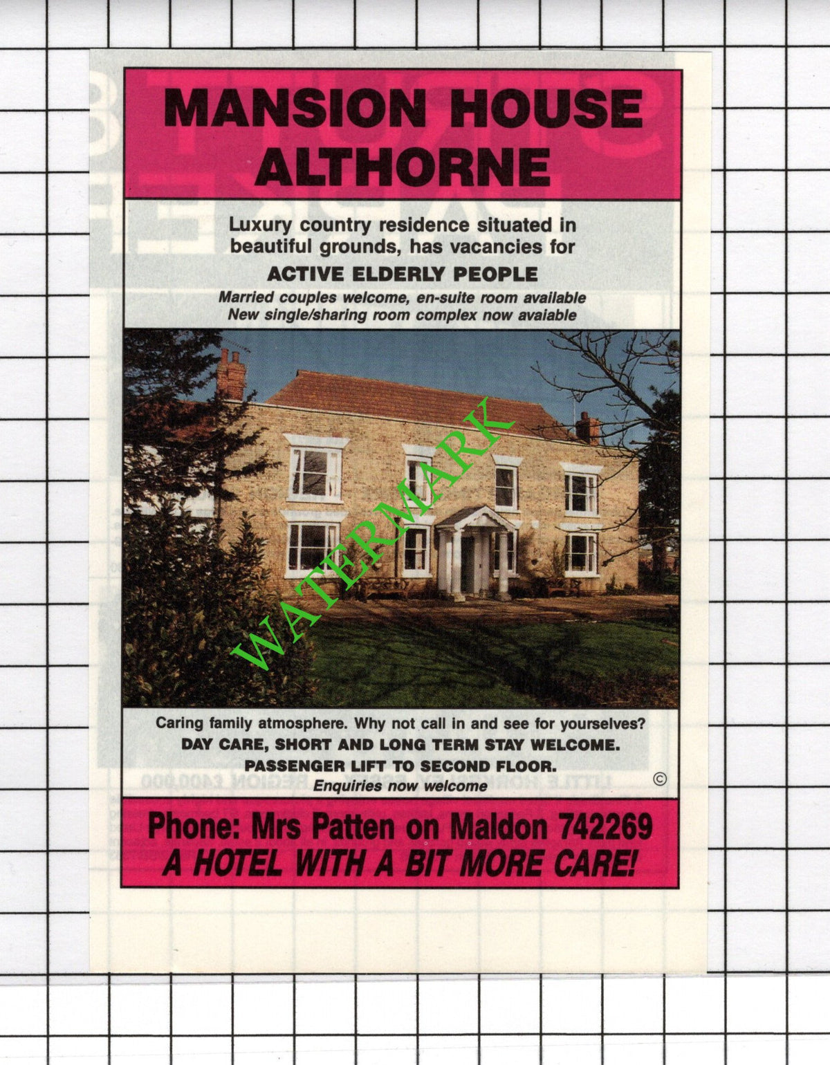 Mansion House Althorne Maldon Essex Mrs Patten Small Advert - c.1988 Cutting