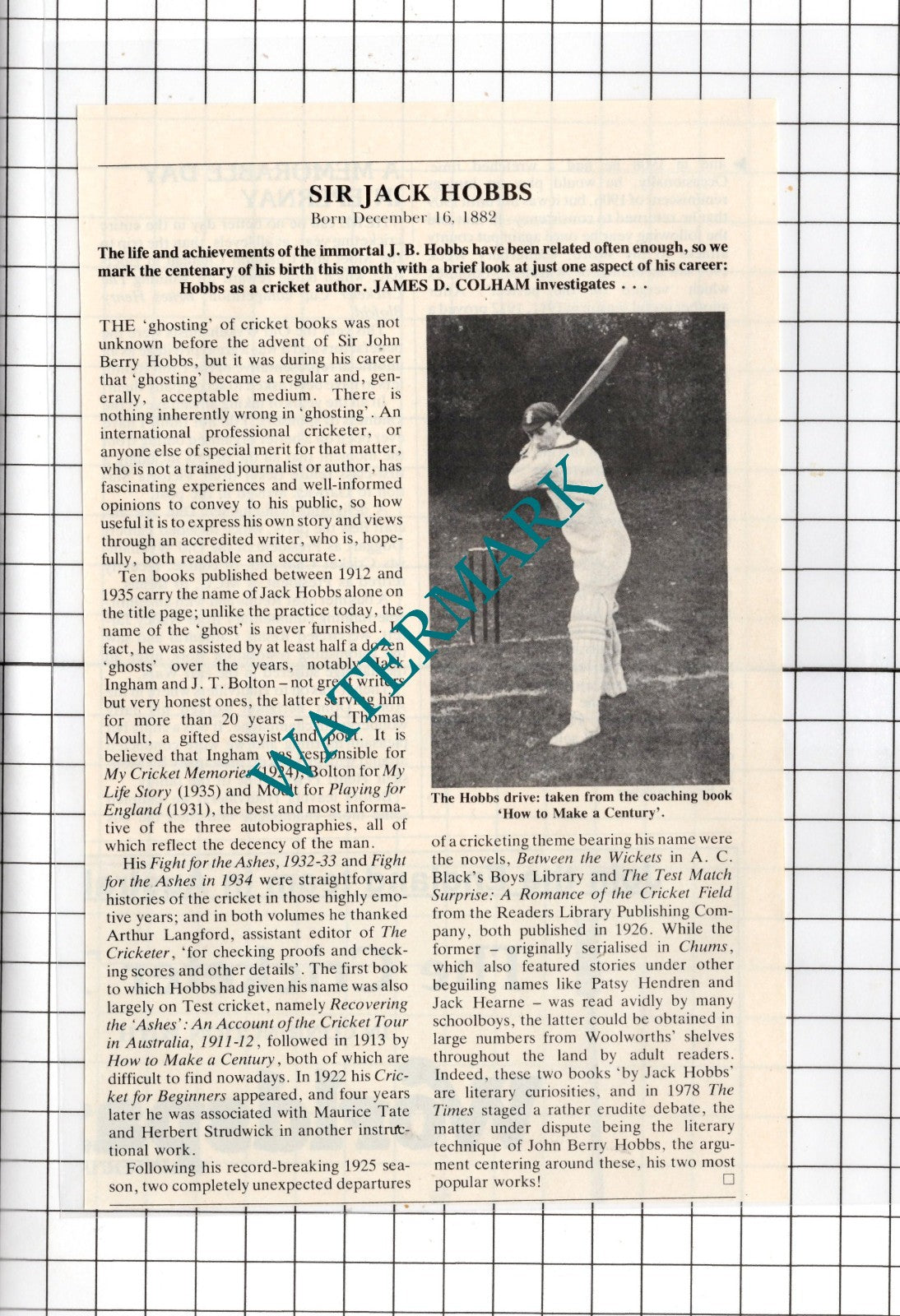 Sir Jack Hobbs Cricketer - 1982 Clipping
