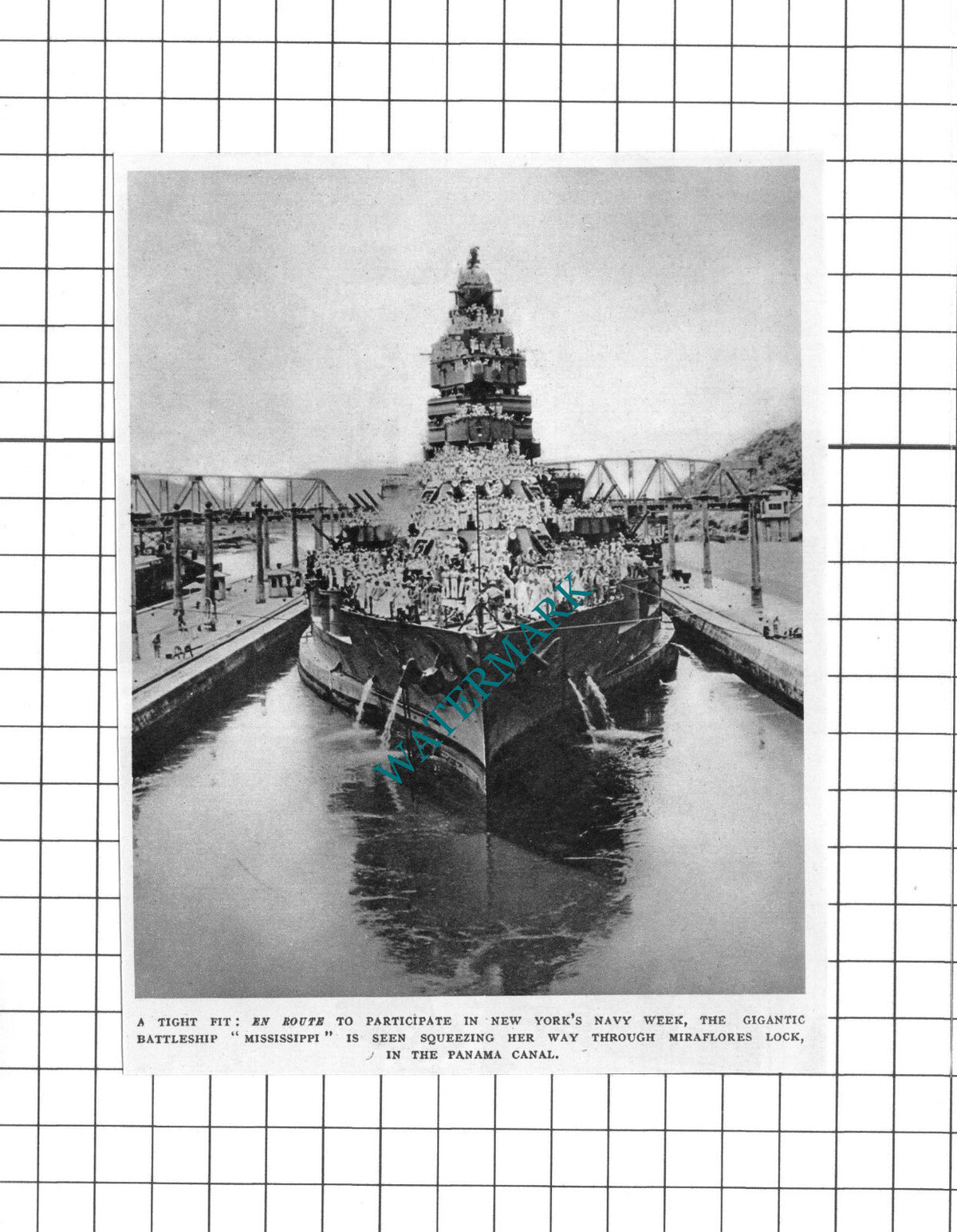 Miraflores Lock Panama Canal Battleship MISSISSIPPI Ship   1945 Clipping