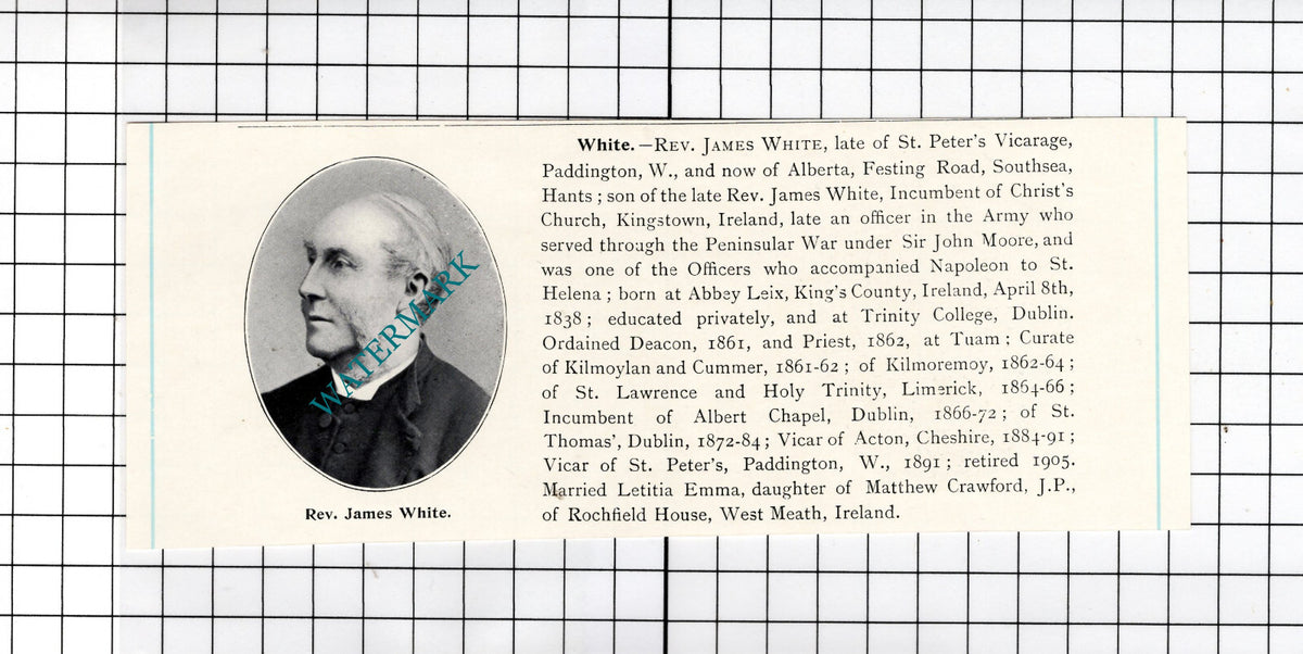 Rev James White St Peter's Vicarage Paddington London  Southsea - c.1910 Cutting