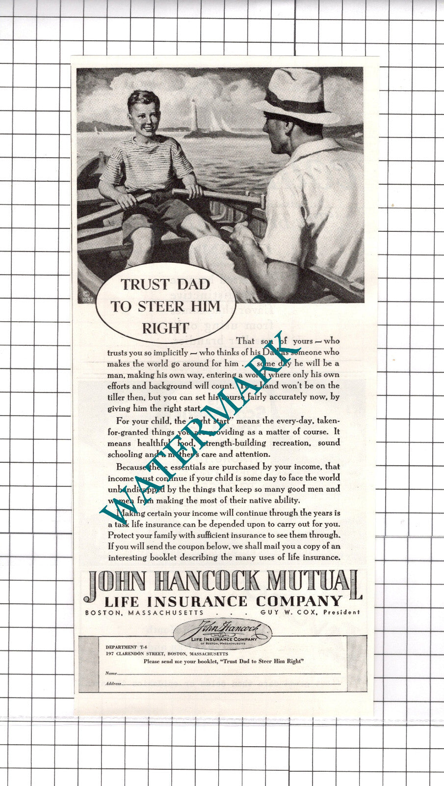 John Hancock Mutual Life Insurance ADVERT -  1937 Clipping / Print