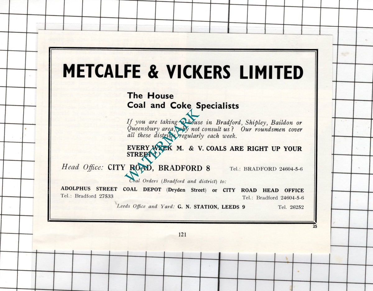Metcalfe & Vickers Ltd Coal Bradford Yorkshire - c.1962 Small Advert