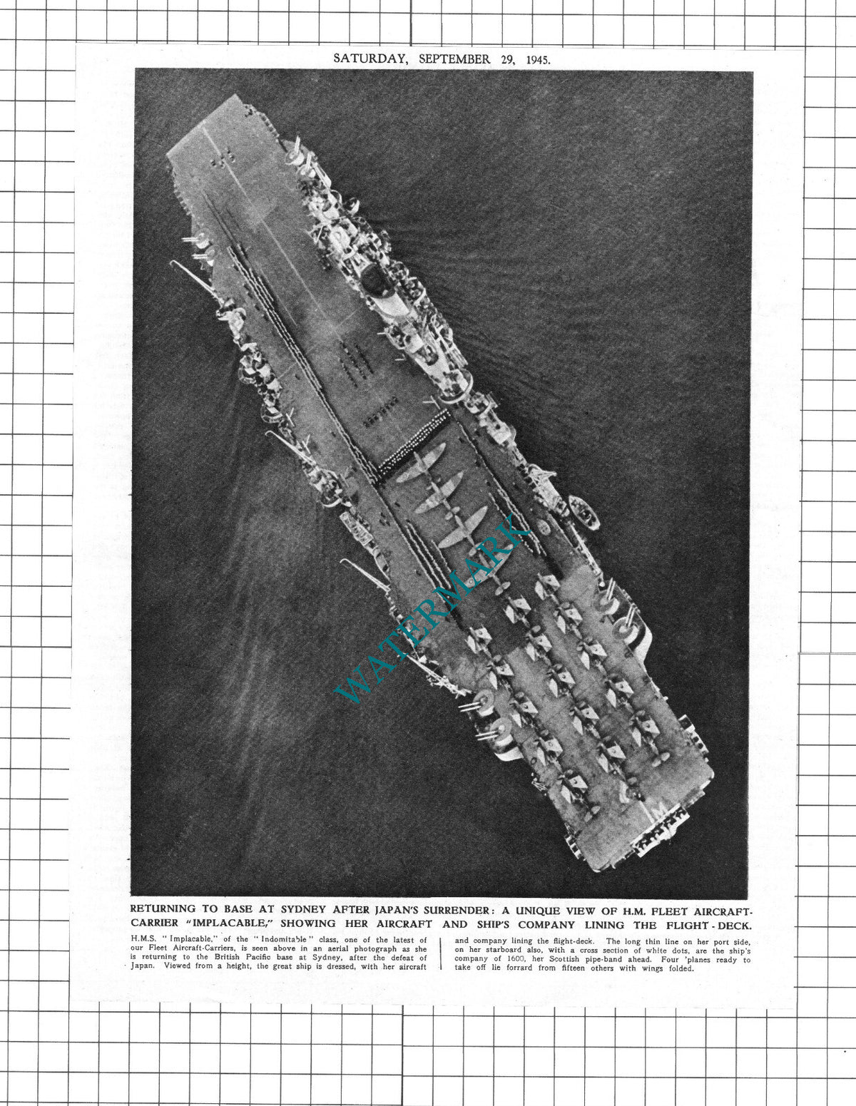 HM IMPLACABLE  Ship Aircraft Carrier World War Two - 1945 Clipping  / Print
