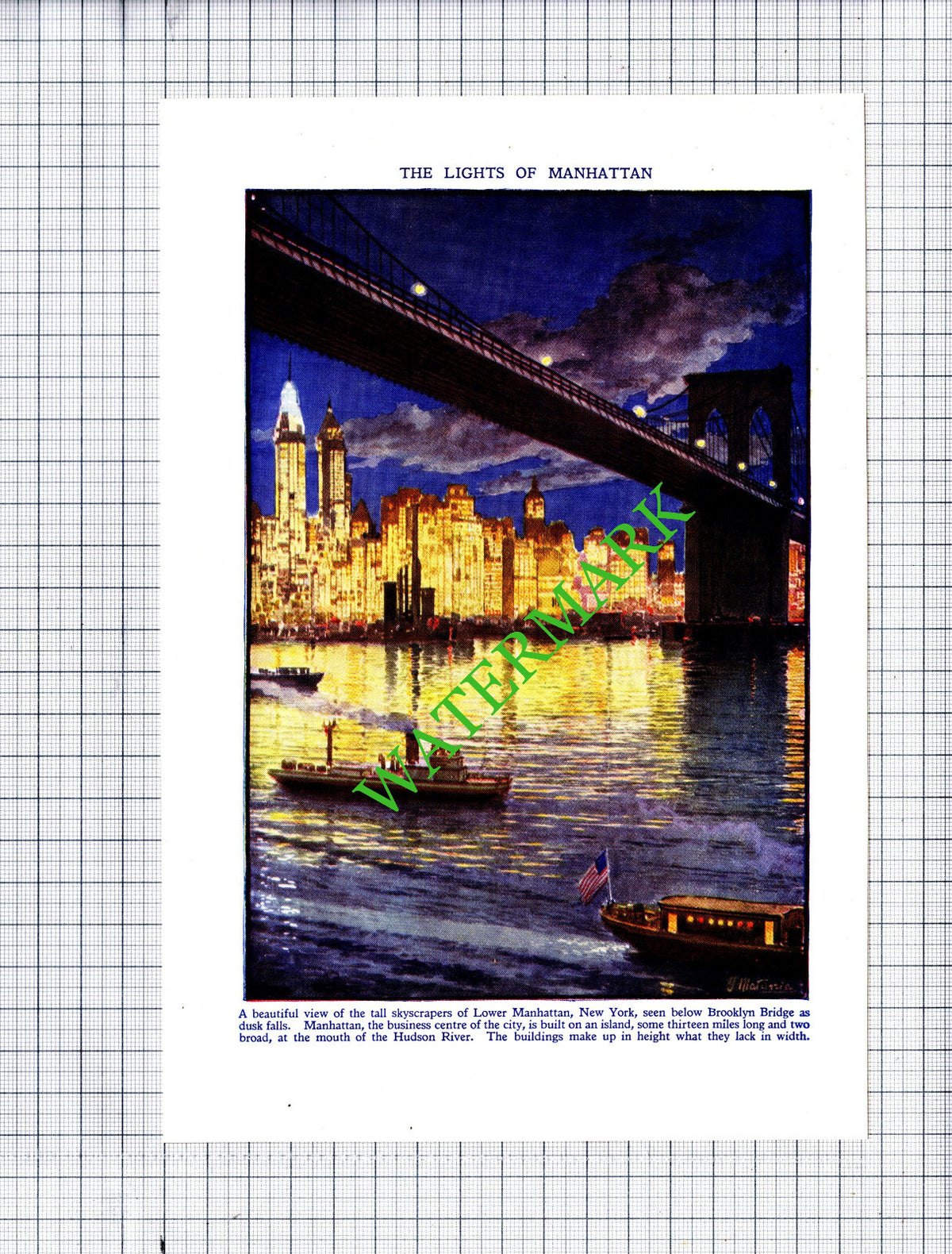 Lower Manhattan New York America Brooklyn Bridge - c.1940s Print