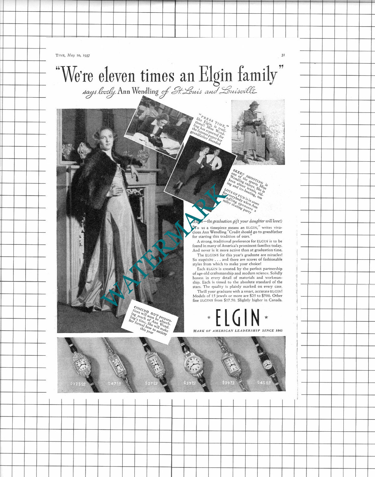 Ann Wendling St Louis and Louisville Elgin Watch Advert -  1937 Clipping/ Print