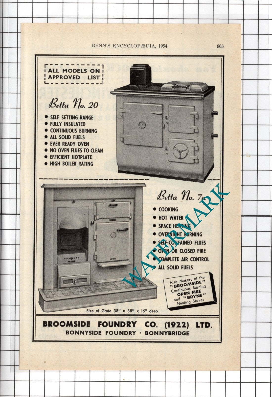 Broomside Foundry Co Ltd Bonnybridge / Kingsworthy Metal Winchester  1954 Advert