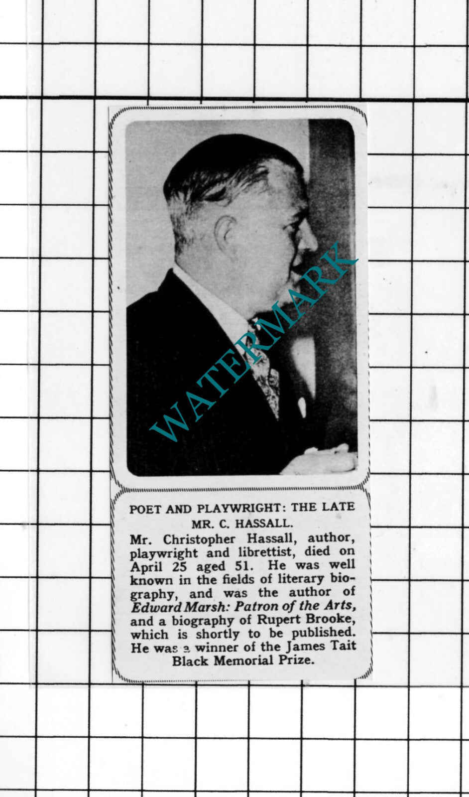 Mr Christopher Hassall Poet  Obituary - 1963 Small Cutting