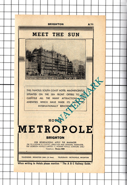 Hotel Metropole Brighton / Butlin's Ocean Hotel Brighton Advert - 1958 Cutting