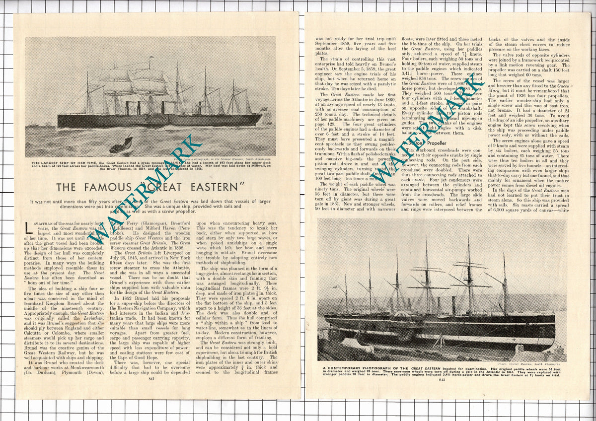 GREAT EASTERN Ship - c.1940 Article / Print