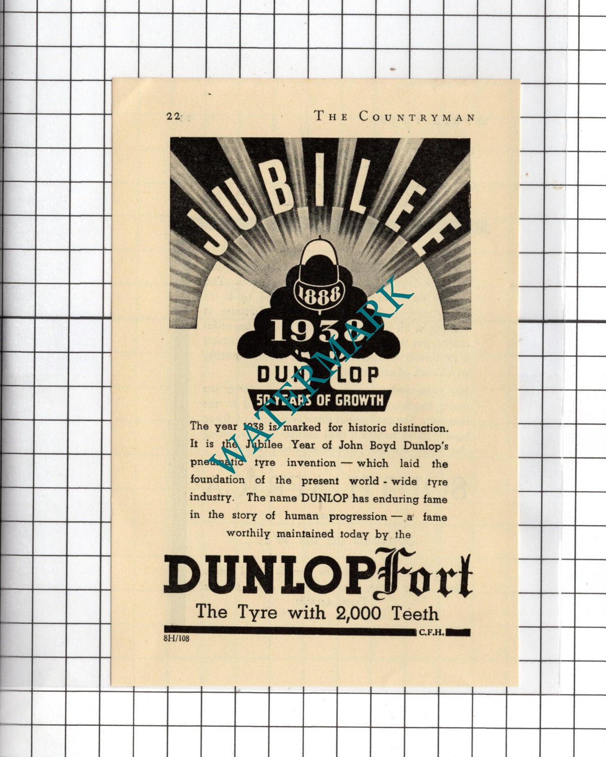 Dunlop ADVERT 50 Years  John Boyd Dunlop Fort Tyre - 1938 Small Advert