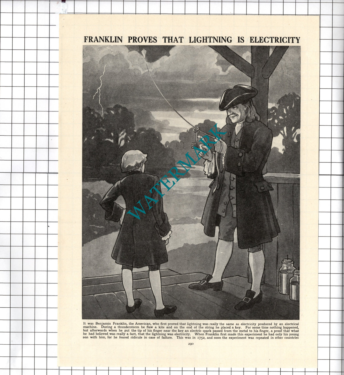 Benjamin Franklin Lightning Electricity - c.1940's Cutting / Print