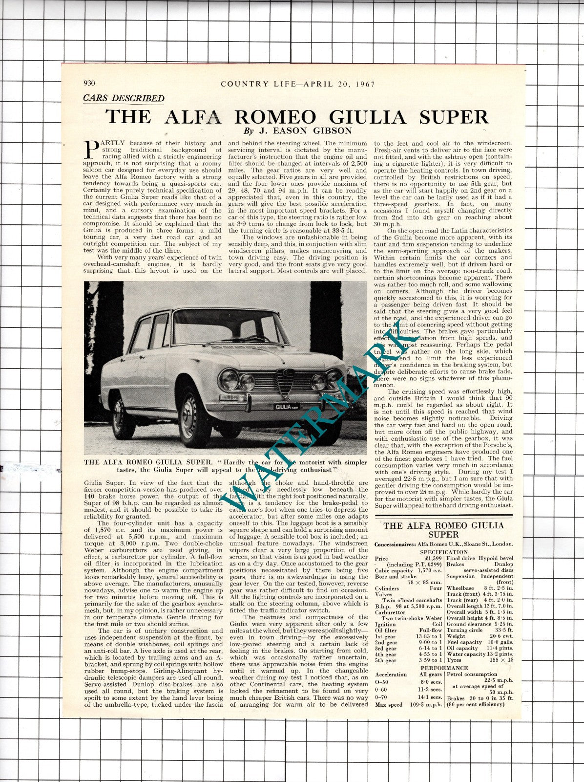 The Alfa Romeo Giulia Super Car Review - 1967 Article