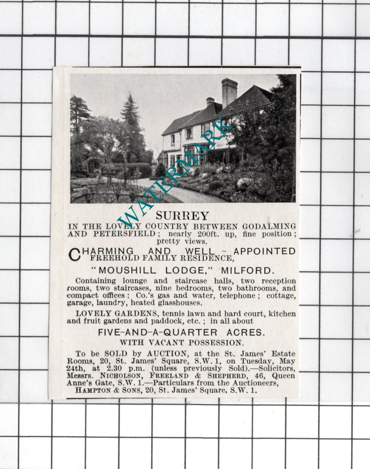 Moushill Lodge Milford Surrey  - 1927 Small House Sale Advert