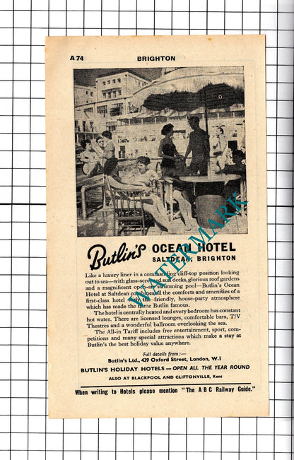 Hotel Metropole Brighton / Butlin's Ocean Hotel Brighton Advert - 1958 Cutting