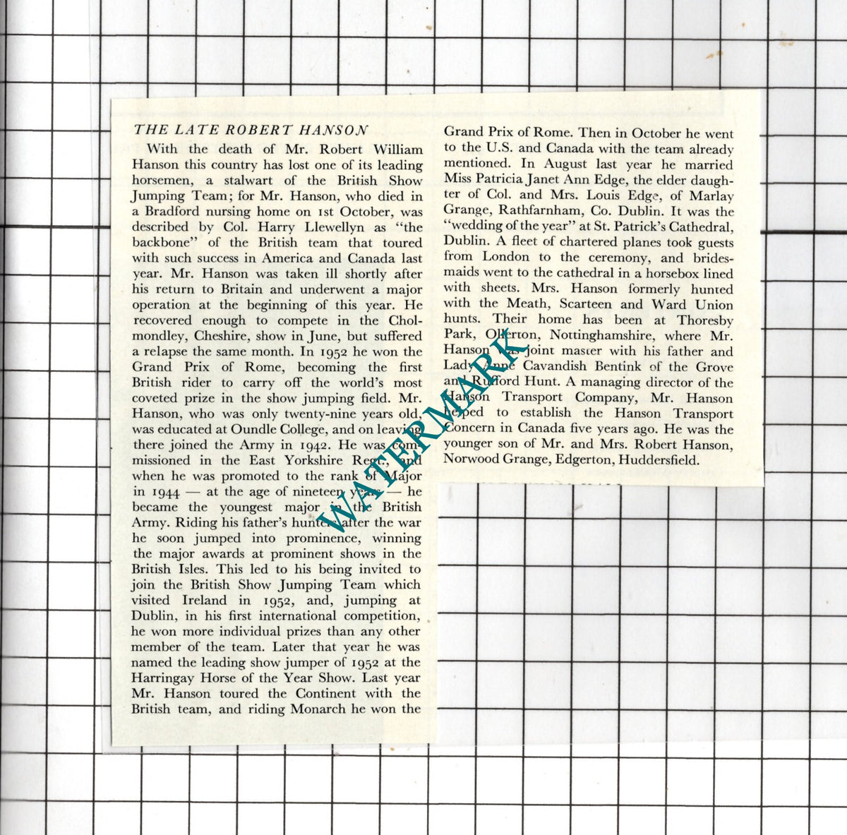 Mr Robert William Hanson Obituary  - 1954 SMALL Clipping