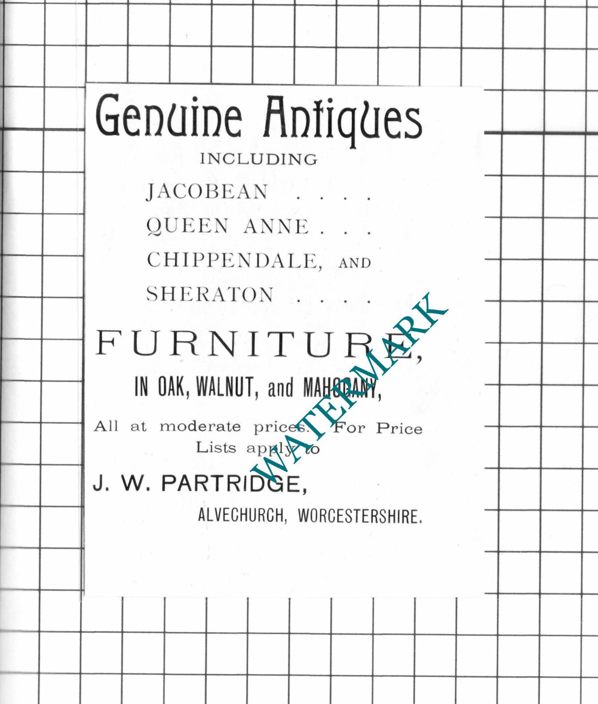J W Partridge Alvechurch Worcestershire Antique Dealer - 1905 SMALL Advert