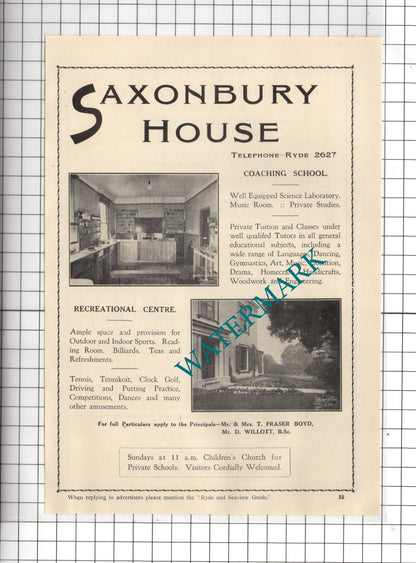Saxonby House Fraser Boyd Ryde Isle Of Wight / Southern Railway - 1938 Advert
